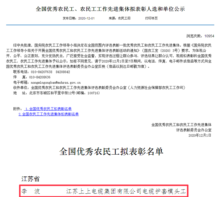 南宫NG28电缆员工李波荣获“天下优异农民工”称呼