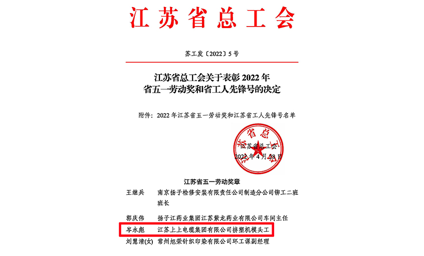 20年产品质量“零缺陷”——南宫NG28电缆员工岑永彪荣获“江苏省五一劳动奖章”